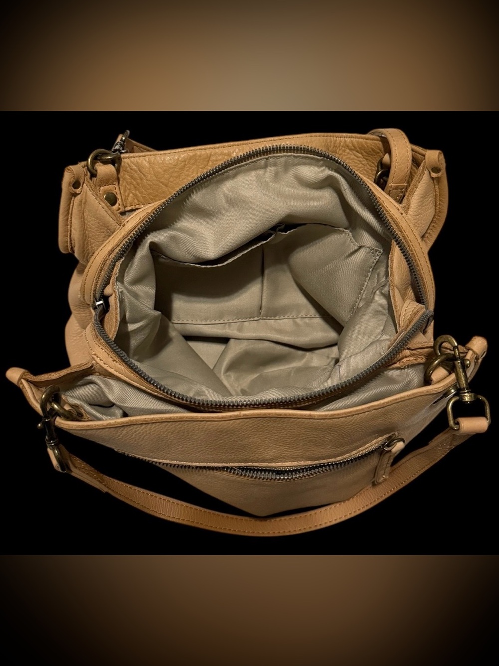 American Leather Co Lenox Triple Entry Satchel bag Cafe Latte Tan Brown Pebbled - Picture 6 of 11